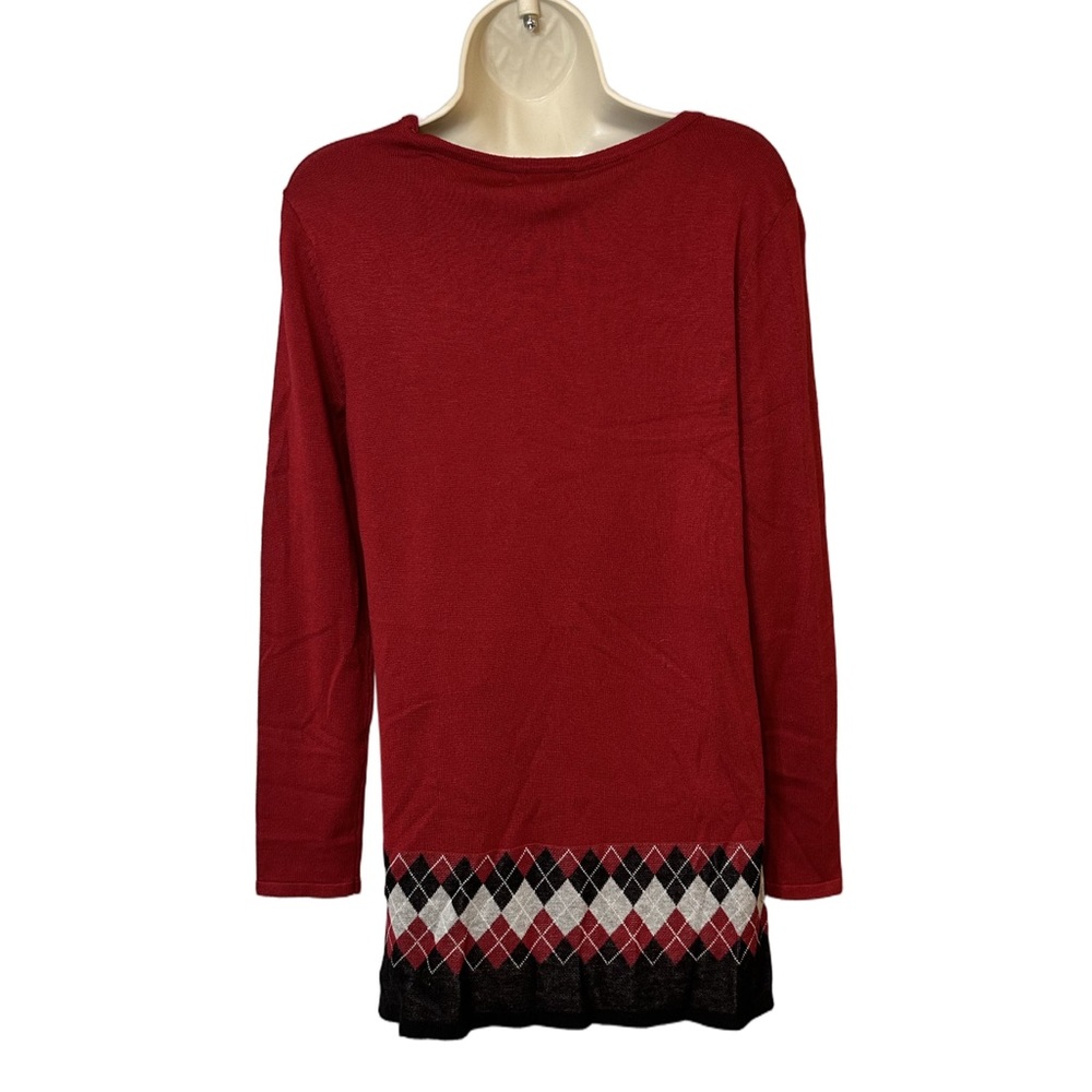 Festive Garnet Plaid Trim Sweater Top Red Black Argyle Scarf Detail Women’s S - Picture 3 of 8
